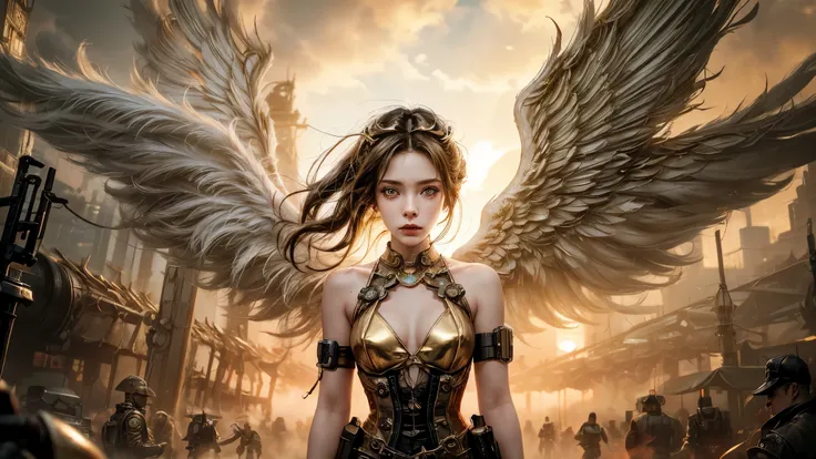 A photograph captures a fleeting moment where a girl embodies the essence of both an angel and a cyberpunk-steampunk muse. Amidst swirling smoke, use the ((golden hour)) to infuse the scene with warmth, highlighting the ((emotional)) juxtaposition of ether...