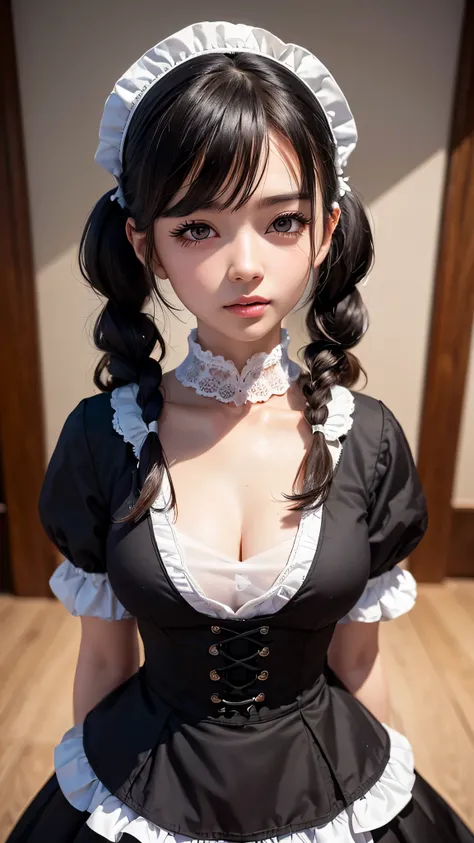 ((top-quality、in 8K、​masterpiece:1.3, Photorealsitic:1.4, underground room, Realistic human skin)), standing, full body, Japanese high school  girl, 1 female, A dark-haired, With bangs, Medium-sized breasts, ((Gothic lolita, maid clothes, twintails hairsty...