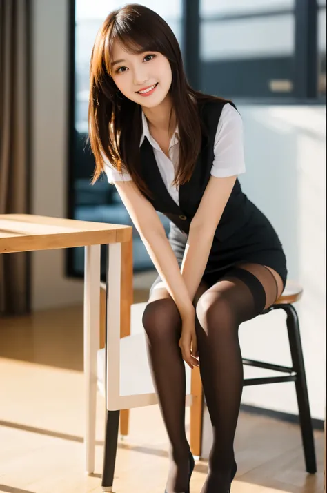 Ulchan-6500-v1.1, (RAW photo:1.2), (Photoreal), beautiful detailed girl, (genuine: 1.4), very detailed目と顔, beautiful and detailed eyes, Mr.々patterned vest、Busy office、sitting on a chair、(super realistic pantyhose:1.2), (high heels)、(Vests and skirts)、(very...