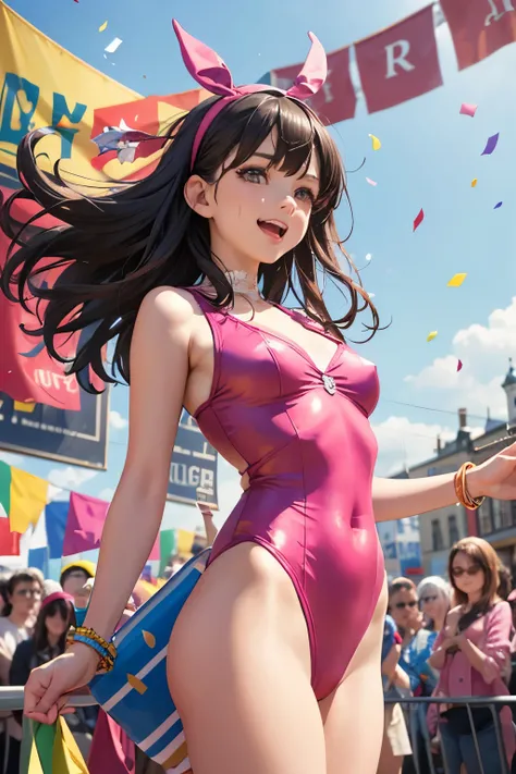 very cute and beautiful girl,(highly detailed beautiful face and eyes:1.2),(pink leotard:1.2),(sleeveless),(laugh),
festival in town street,(parade:1.2),(many people wearing pastel costume),flags,confetti in sky,outdoors,depth of field,
cowboy shot,standin...