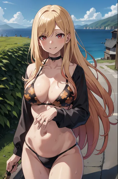 wallpaper, detailed face, pov, (kitagawa marin, smile, red peal eyes, fair skin, ash blonde hair, sorrel hair, long hair, bangs over one eye, cleavage, large breasts, floral pattern black bikini, sweat), belly shot, gravel road in a fishing village, hair b...