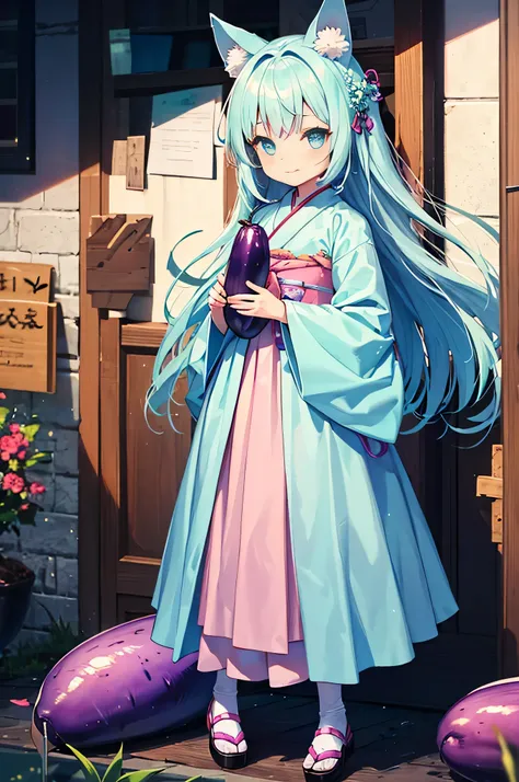 pretty girl, (Little:1.3), girl, full body, happy, light blue hair, Mint-colored eyes, (long hair), (holding an eggplant), Pink hanbok, face, dog ears folded forward, left sunbeam