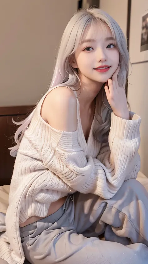 best image quality、RAW photo、ultra high resolution、21 years old Korean、small breasts、dynamic angle、cowboy shot、The most beautiful forms of chaos、elegant、innovative design、Bright colors、beautiful white hair、short bob、smile、glossy white skin、beautiful eyes w...