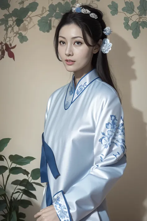 Blue and white porcelain style，Chinese style cheongsam，Chinese style，The clothing is decorated with blue and white porcelain patterns，Chinese art style，fashion model 18 years old [[[[Close-up cleavage]]]], [[[[]]]], [[[[rape]]]], [[[[shoulder]]]], perfect ...