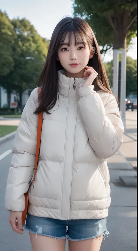 Innocent 16 year old girl、Plump thighs、orange mountain parka、casual girls、Fashion coordination with orange as the main color、shorts、cute face,bright eyes,tear bag,honeycomb smile、shy smile,shortcut、Background of a park where the sun can be seen、Diagonal ha...