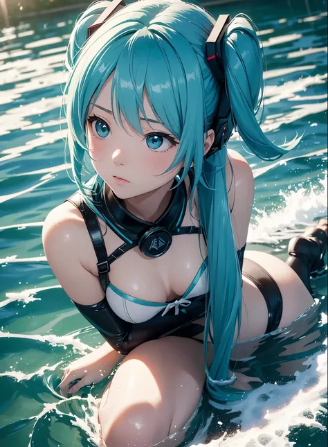 (dynamic angle:1.4), Hatsune Miku,There&#39;s a girl riding a speedboat on the water,In 4K, 8K,disorganized、high resolution、Delicate and beautiful to the limit、Depth of bounds written、consternation、masterpiece、grow、visual impact、Super fine、extremely、Amazin...