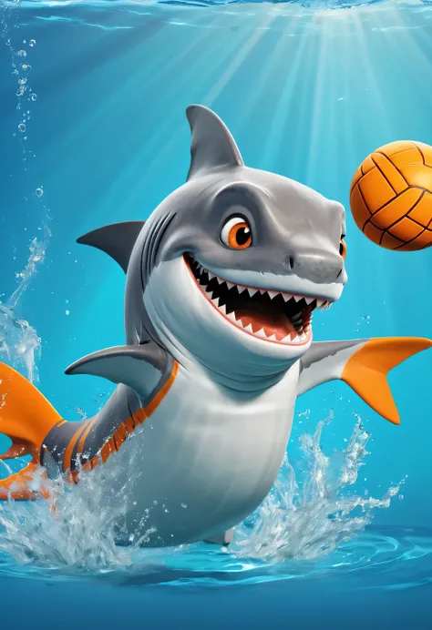 Cartoon poster design,character idea,scenography,Very unified CG design,(Oscar the little shark is playing water polo:1.1),Oscar the baby shark has a silver body,with orange stripes,The mouth is also small,His eyes were big and bright,Always sparkling with...