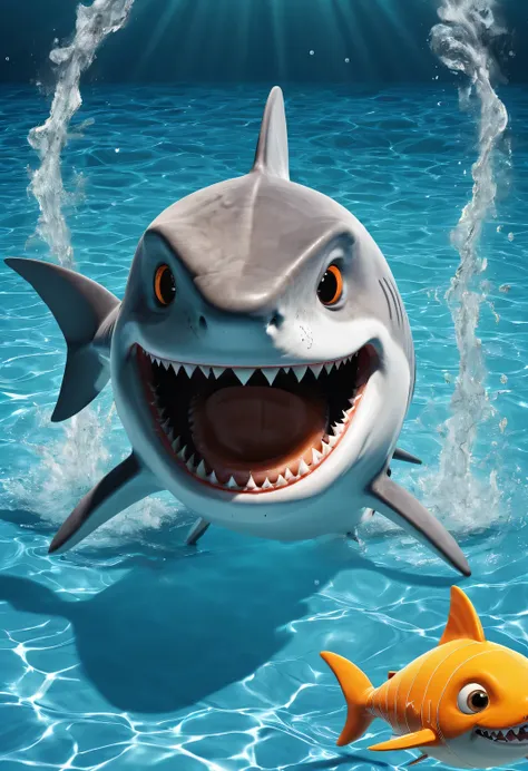 Cartoon poster design,character idea,scenography,Very unified CG design,(Oscar the little shark is playing water polo:1.1),Oscar the baby shark has a silver body,with orange stripes,The mouth is also small,His eyes were big and bright,Always sparkling with...