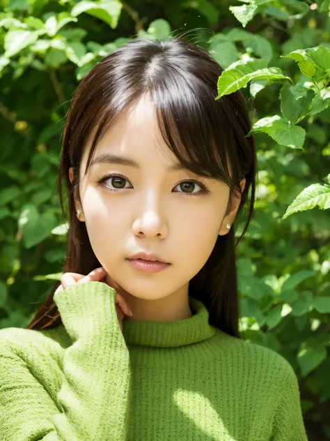 Slender Japanese woman staring at the camera、Black turtleneck sweater、Green tree on background々or bushes、High resolution、High resolutionの画像