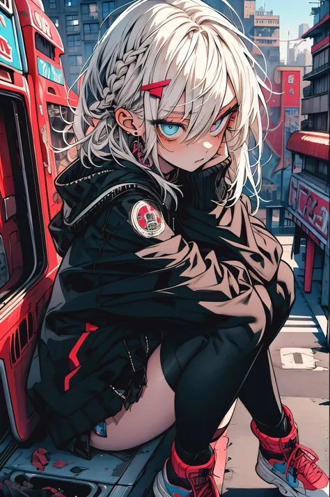 step piece, highest quality, best illustrations, Super detailed,horny girl, gray hair, Cool Black Open Short Jacket, tattoo, Messy Fade Cut Hair, Side braided hair,unreasonable, A scene where you jump using your whole body, abandoned amusement park backgro...