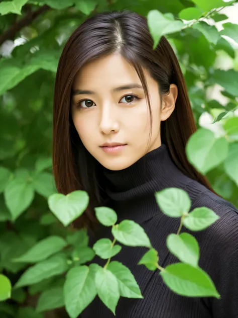 Slender Japanese woman staring at the camera、Black turtleneck sweater、Green tree on background々or bushes、High resolution、High resolutionの画像、photo from the waist up