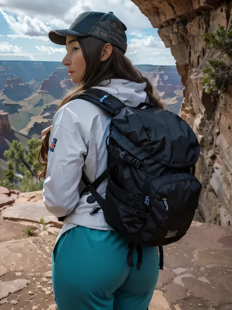 (best quality,highres,ultra-detailed:1.2), HDR, vivid colors, beautiful girl, Grand Canyon in Background, stunning view, Adventure Clothes, Trek Pants, Trek Hat, Rucksack, long flowing hair, Grand Canyon, warm, Back pose