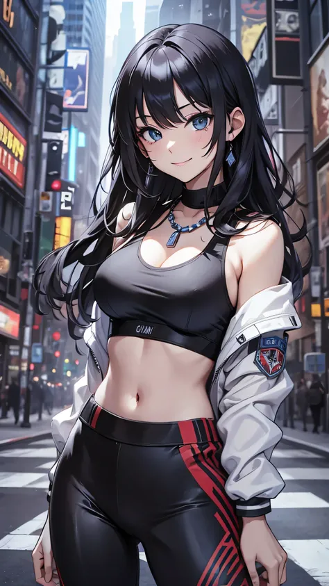 最high quality、best image quality、masterpiece、teenage girl((18-year-old、 By becoming、vest bust、medium bust,wide open breast tea、black eye, black hair、long hair、thin,highest valley、cute makeup、red sports bra、Black sports pants、White Necklace、Blackface Paint、...