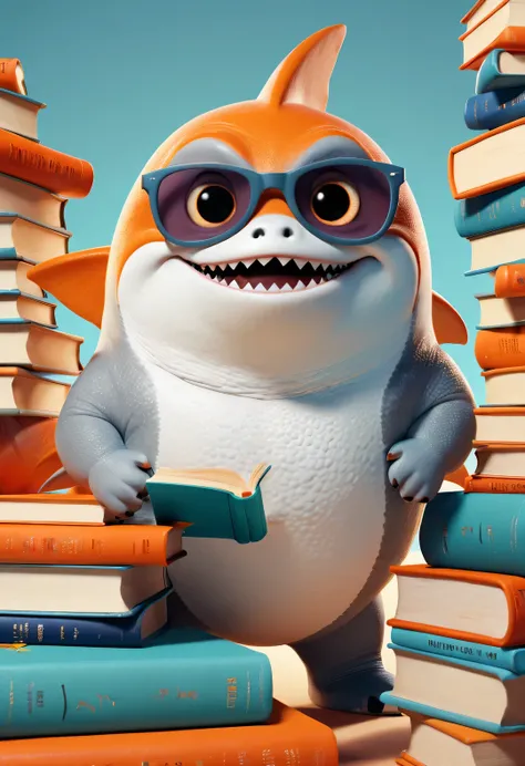 Cartoon poster design，character idea，scenography，Very unified CG design，（Oscar the little shark wearing myopia glasses holds many books：1.1），Oscar the baby shark has a silver body，with orange stripes，The mouth is also small，His eyes were big and bright，Alw...