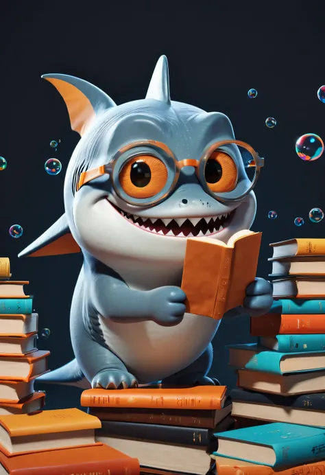 Cartoon poster design，character idea，scenography，Very unified CG design，（Oscar the little shark wearing myopia glasses holds many books：1.1），Oscar the baby shark has a silver body，with orange stripes，The mouth is also small，His eyes were big and bright，Alw...