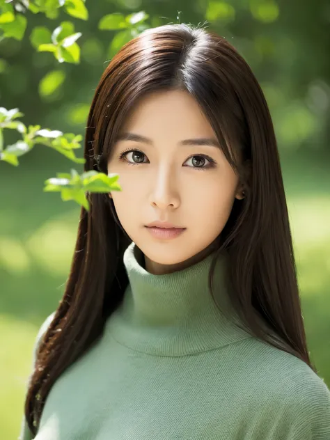 Slender Japanese woman staring at the camera、Black turtleneck sweater、Green tree on background々or bushes、High resolution、High resolutionの画像、photo from the waist up