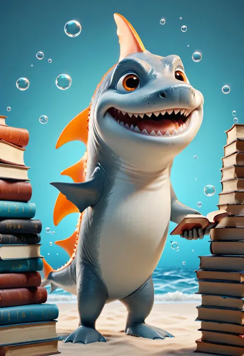 Cartoon poster design，character idea，scenography，Very unified CG design，（Oscar the little shark wearing myopia glasses holds many books：1.1），Oscar the baby shark has a silver body，with orange stripes，The mouth is also small，His eyes were big and bright，Alw...