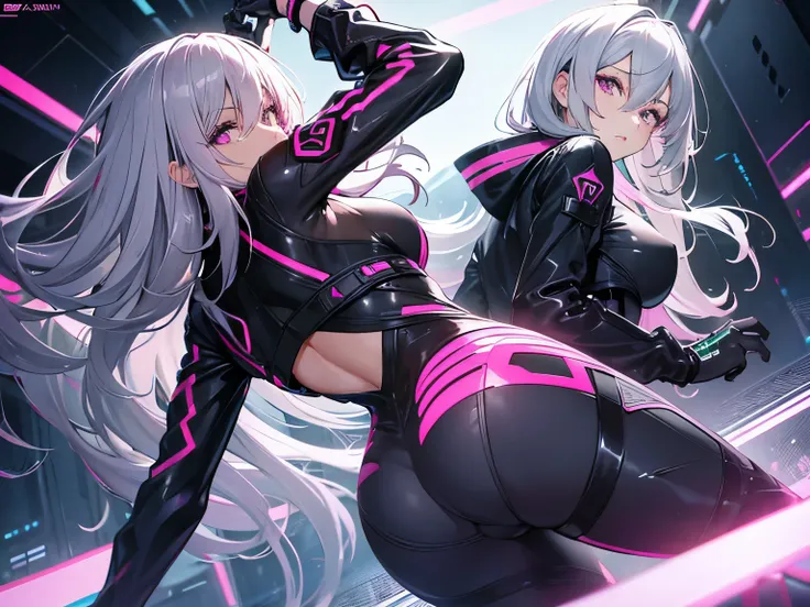 rubber suit　lively　sexy　cyber punk　gray hair　pink eyes　butt　long hair　