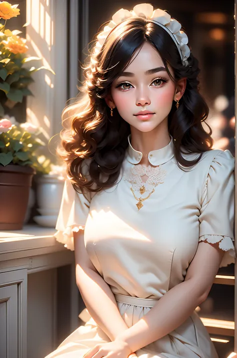 a young girl dressed as a maid in a cafe. the image is a realistic painting. her cherubic face speaks of innocence, while her ey...