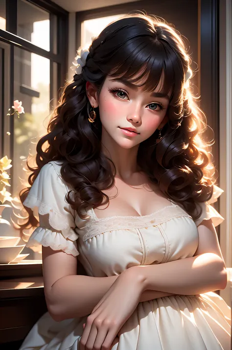 a young girl dressed as a maid in a cafe. the image is a realistic painting. her cherubic face speaks of innocence, while her ey...