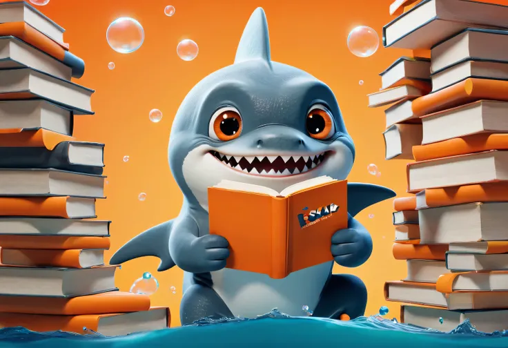 Cartoon poster design，character idea，scenography，Very unified CG design，（Oscar the little shark wearing myopia glasses holds many books：1.1），Oscar the baby shark has a silver body，with orange stripes，The mouth is also small，His eyes were big and bright，Alw...