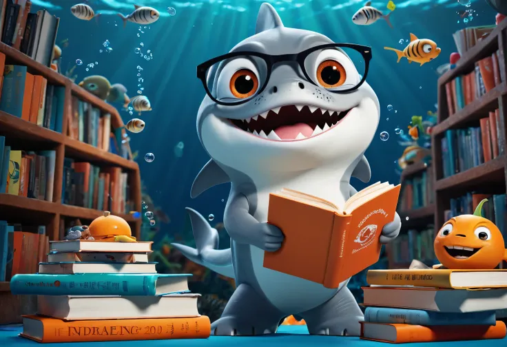 Cartoon poster design，character idea，scenography，Very unified CG design，（Oscar the little shark wearing myopia glasses holds many books：1.1），Oscar the baby shark has a silver body，with orange stripes，The mouth is also small，His eyes were big and bright，Alw...