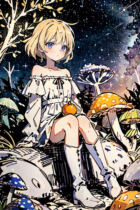 Light blonde haired anime girl with pale blue purple eyes wearing pink off shoulder puffy sleeves dress and knee length white boots sitting in the woods next to an orange mushroom surrounded by fireflies under starry sky sitting  