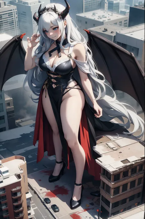 Aerial View，giant girl 50,000 feet high，Have a pair of long legs，Possessing a pair of huge demon wings，Princess，Has white waist-length hair，loose hair，Wear a pair of Mary Jane shoes，white curly hair，A look of enjoyment，Standing over a ruined city，Beautiful...