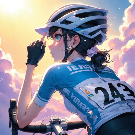 high quality,hd,16k,sharp line,1girl,female cycling athlete ,bycycle,cute face, large breasts, slender body, delicate body,nice legs, sweat,in cycling venue,focus girl,detailed beautiful face,detailed clothes,beautiful eyes,cool,dynamic angle