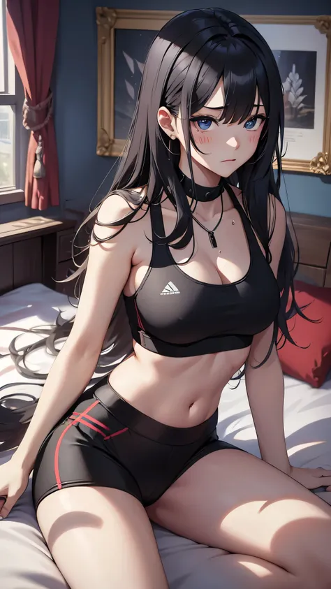 最high quality、best image quality、masterpiece、teenage girl((18-year-old、 By becoming、vest bust、medium bust,wide open breast tea、black eye, black hair、long hair、thin,highest valley、cute makeup、red sports bra、Black sports pants、White Necklace、Blackface Paint、...