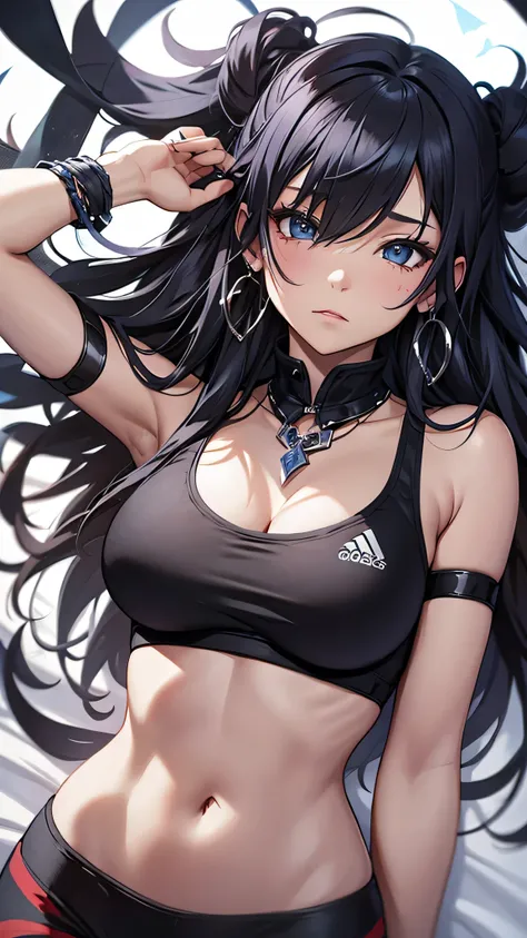 最high quality、best image quality、masterpiece、teenage girl((18-year-old、 By becoming、vest bust、medium bust,wide open breast tea、black eye, black hair、long hair、thin,highest valley、cute makeup、red sports bra、Black sports pants、White Necklace、Blackface Paint、...