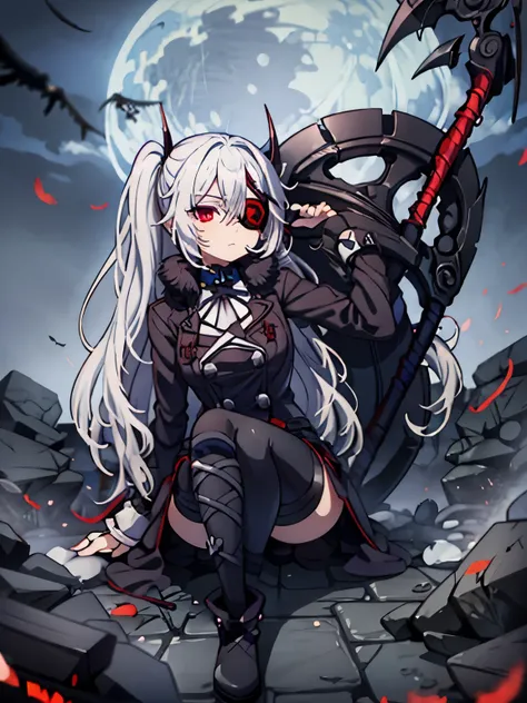 gray hair　red eye　black clothes　the scytheを持っている　boots　eyepatch　Kitchen two disease　cool　Crow　the scythe　dark　dark darkness　大the scythe　grim Reaper　evil　ponytail　long coat　sefu　ラスsefu　Red Moon　Blindfold　Black plumage　floating