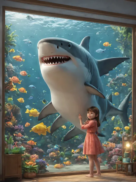 (1 cute shark:1.5, pixar:1.1, coral:1.2, underwater:1.1),studio ghibli style, 2d illustration,color is super bright,soft skin to...