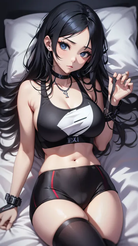 最high quality、best image quality、masterpiece、teenage girl((18-year-old、 By becoming、vest bust、medium bust,wide open breast tea、black eye, black hair、long hair、thin,highest valley、cute makeup、red sports bra、Black sports pants、White Necklace、Blackface Paint、...