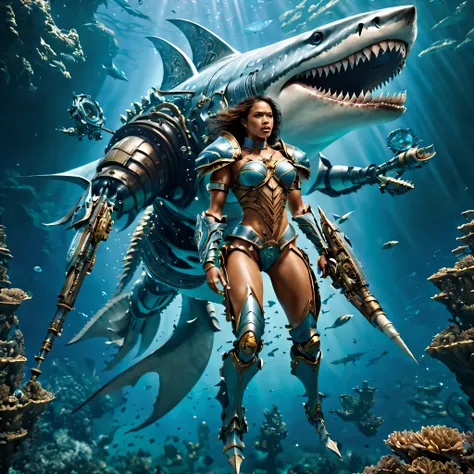 images set in the depths of futuristic high-tech atlantis, depicts a beautiful female warrior riding a full body, cyborg megalod...