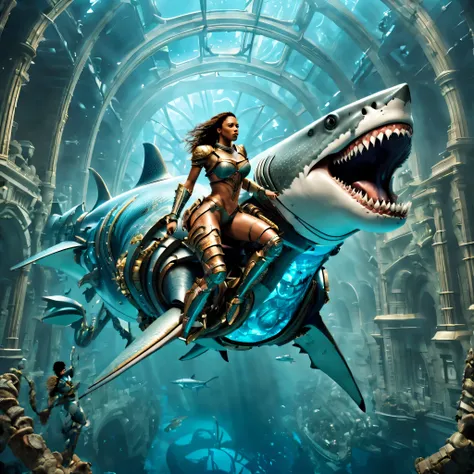 images set in the depths of futuristic high-tech atlantis, depicts a beautiful female warrior riding a full body, cyborg megalod...