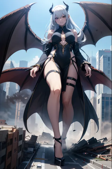 Aerial View，giant girl 50,000 feet high，Have a pair of long legs，Possessing a pair of huge demon wings，Has white waist-length hair，loose hair，Wearing a pair of Mary Jane heels，white curly hair，A look of enjoyment，Standing over a ruined city，Beautiful appea...