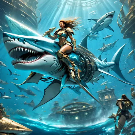 Images set in the depths of futuristic high-tech Atlantis, Depicts a beautiful female warrior riding a full body, Cyborg megalodon from head to tail. Megalodon blends ancient grandeur with futuristic technology, Parts of its body display mechanical enhance...