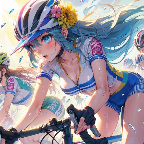 high quality,hd,16k,sharp line,1girl,female cycling athlete ,bycycle,cute face, large breasts, slender body, delicate body,nice legs, sweat,in cycling venue,focus girl,detailed beautiful face,detailed clothes,beautiful eyes,cool,dynamic angle