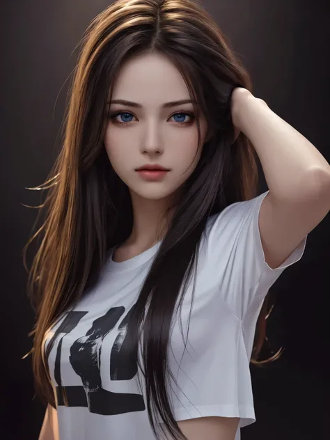 best quality, masterpiece, ultra high resolution, (lifelike:1.37), original photo, 1 girl, long hair, beautiful eyes,  beautiful face, Detailed eyes and face, t-shirt, dynamic lighting, in the darkness, deep shadow, low profile, cowboy shooting