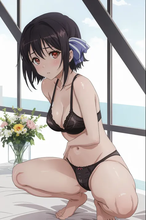 1girl in,(Portrait),Face Focus/close up,Tomomi_Xijing,short hair,Hair Ribbon,anime girl in a black bra top laying on a bed, black panties,seductive anime girl,  beautiful alluring anime , beautiful anime girl squatting, anime moe artstyle, ecchi anime styl...