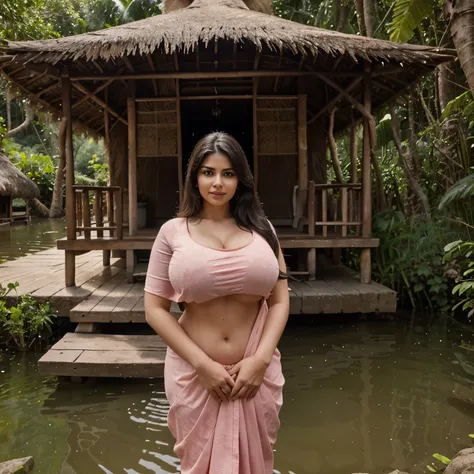 "Generate an image of a thick women with huge breasts in pink saree standing beside a humble hut near a peaceful lake along a secluded path in the heart of an Indian village, surrounded by lush greenery of a deep jungle. Convey the quiet beauty and sense o...