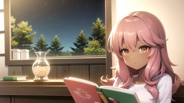 Lia a girl with pink hair, (dark skin), curly hair, studying in her peach pastel room, cozy study desk, glasses, large window overlooking beautiful nature scenery, (staring at the scenery), floral notebooks, (raining), (dark skin), (night time), (dark skin...