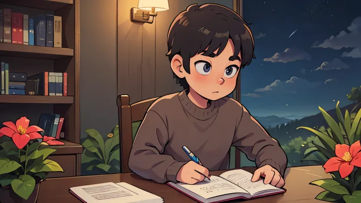 A cute and beautiful boy studying a cozy study table, night landscape, cloudy sky, full of plants and flowers and a bookshelf, studying overlooking a beautiful natural setting, black hair, cozy sweater