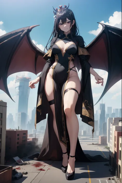 Aerial View，giant girl 50,000 feet high，Have a pair of long legs，Possessing a pair of huge demon wings，Princess，Wearing a crown，有一头black齐腰长发，loose hair，Wearing a pair of Mary Jane heels，black卷发，A look of enjoyment，Standing over a ruined city，城市到处是blood sta...