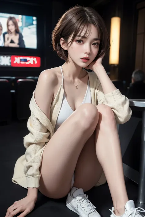 highest quality、masterpiece、ultra high resolution、Boyish fashion、Full body raw photography、(photorealistic:1.4)、1 girl、detailed face、brown eyes、movie theatre、Toned body、small chest、provocative wink、Wacky poses、full body angle、short haired、Beautiful Japan a...