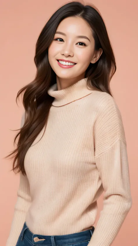 hostess face、turtleneck sweater、High quality、Super realistic、healthy、smiling expression、perfect slender figure、Japanese beauty、 necklace、perfect eyes beautiful skin、pink background