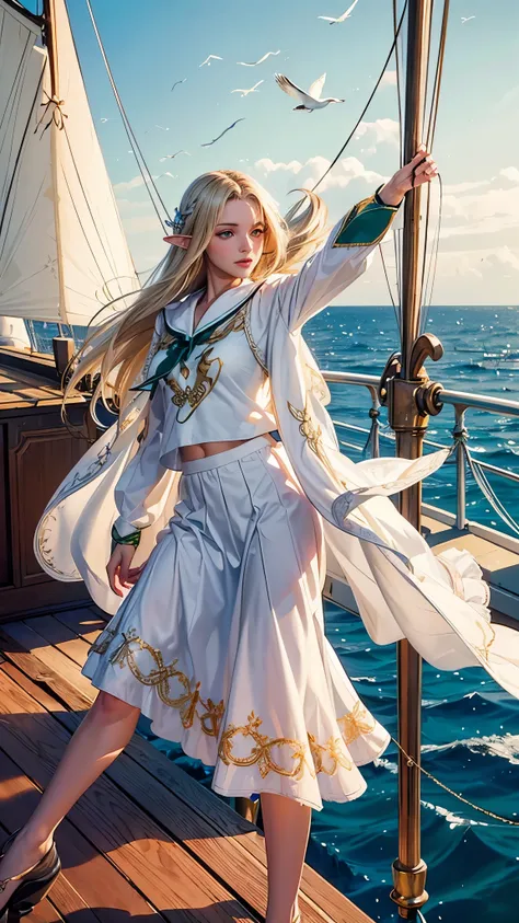 (((masterpiece, best quality, HD, high detail)))), ((((fantasy))), one, (Elf female)))), (White gold embroidered skirt), (blonde long straight hair), (glossy dark green eyes), (Gold embroidered white ruffled shirt), big deal, (((On the deck of a sailing sh...