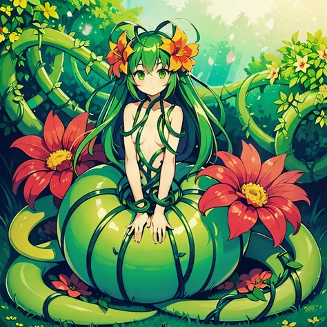 1girl, alraune, flower, vines, full body, outdoors, no legs,