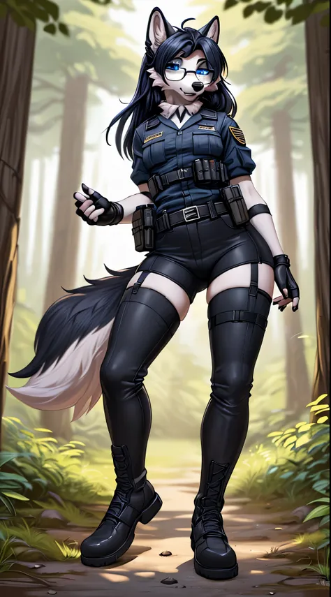 masterpiece, best quality, she-wolf, long hair, blue eyes, in a tight black military uniform, in tight black pants and thigh-hig...